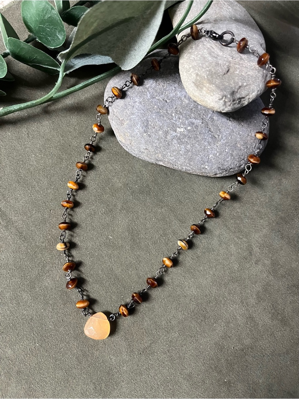 Tiger Eye Beaded choker Necklace with Peach Pendant - Women Jewelry 8” drop